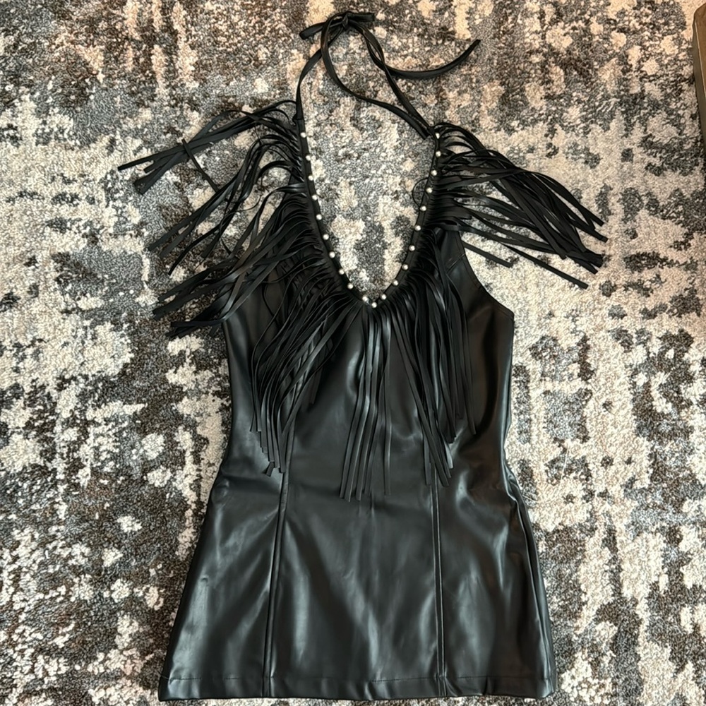 Faux Leather Fringe Halter Top with Stud Detail!